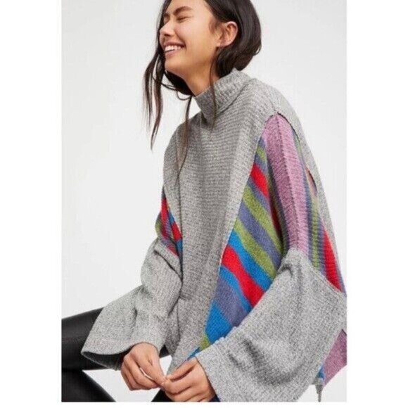 Free People Oversized Long Sleeve Waffle Susie Swit Top Small Sweater Gray - Picture 1 of 9